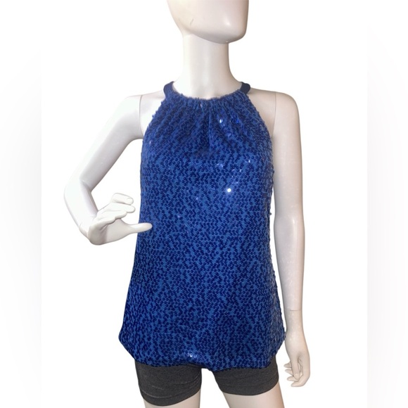 Tahari Womens M Top
Sleeveless Blue Curacao
All Over Sequins Halter
Neck NWT - Picture 4 of 10